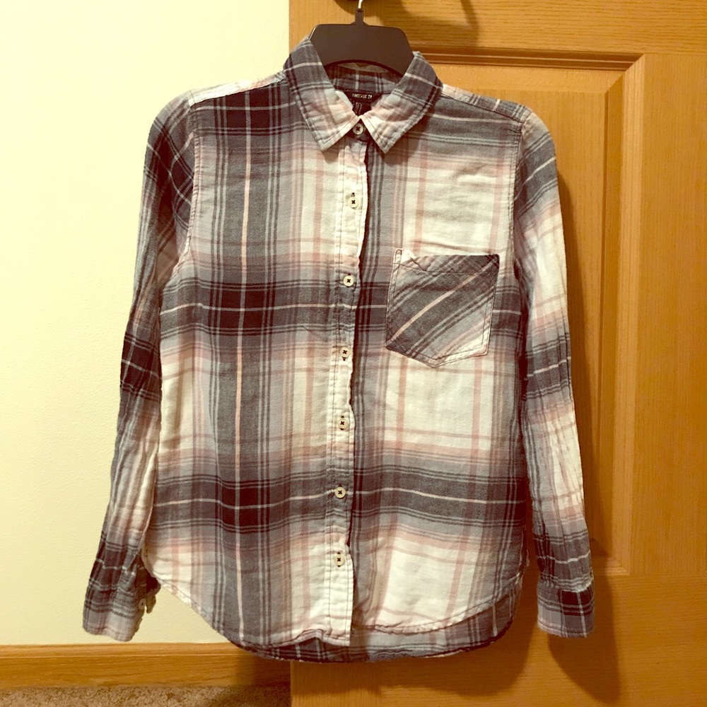 Forever 21 Grey/Pink/White Plaid Button-Down